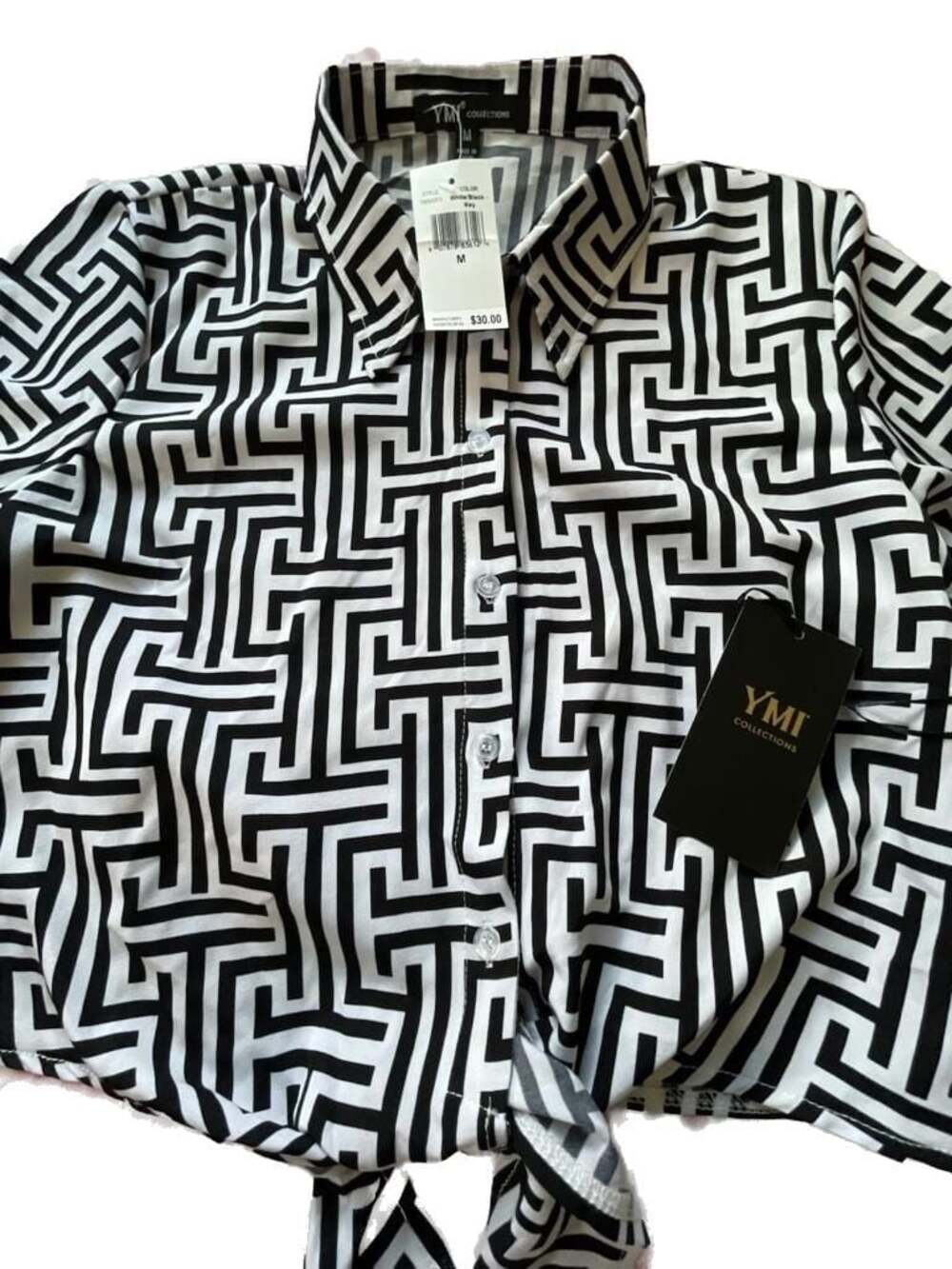 NWT YMI Collections Geometric Print Tie-Front Y2K Crop Top Shirt Size M